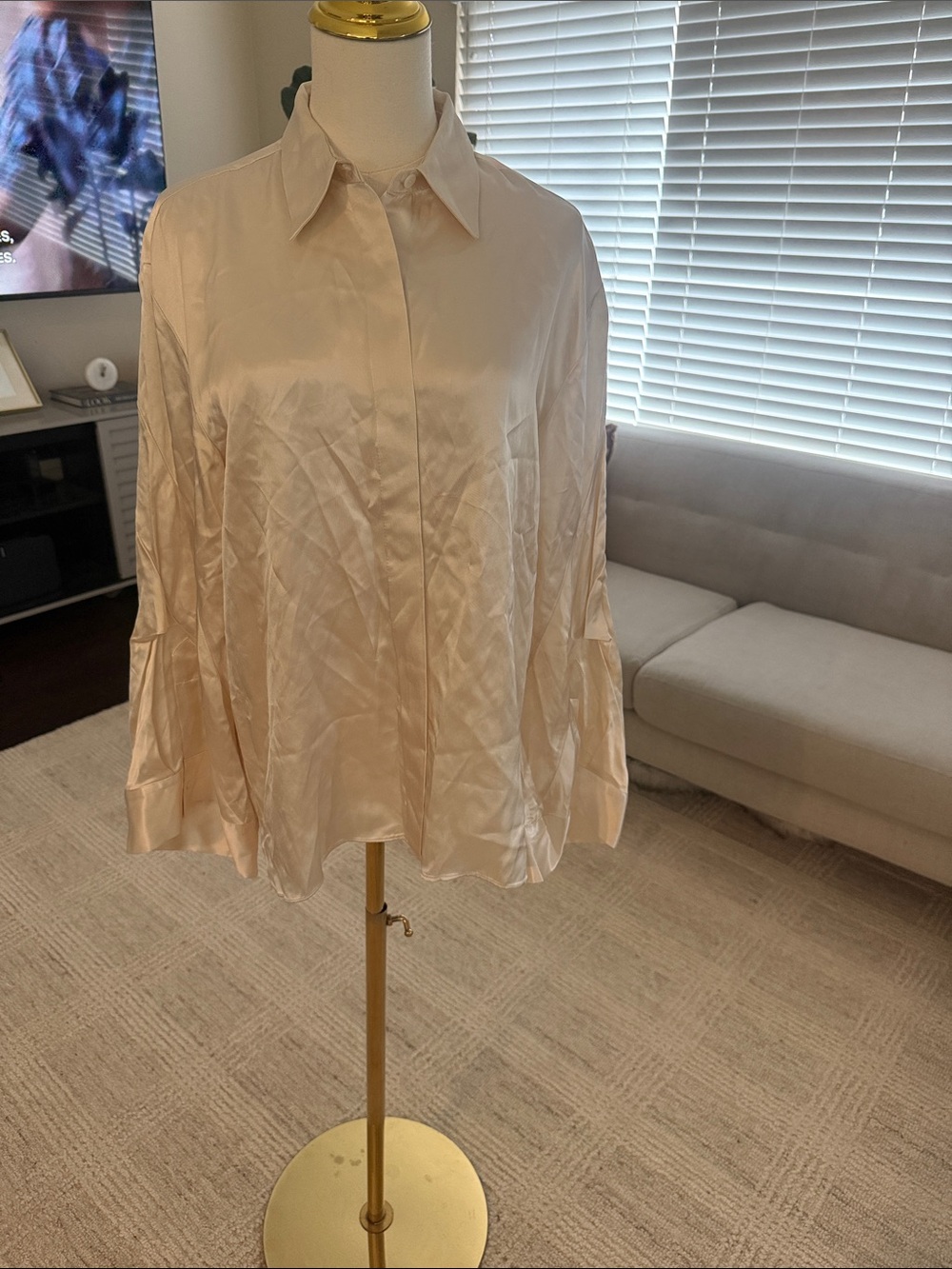 Zara Pale Cream Satin Button-Down Shirt